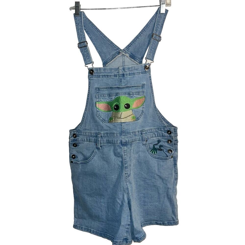 Star Wars Light Blue Denim Short Overalls with Grogu Patch - Picture 2 of 10
